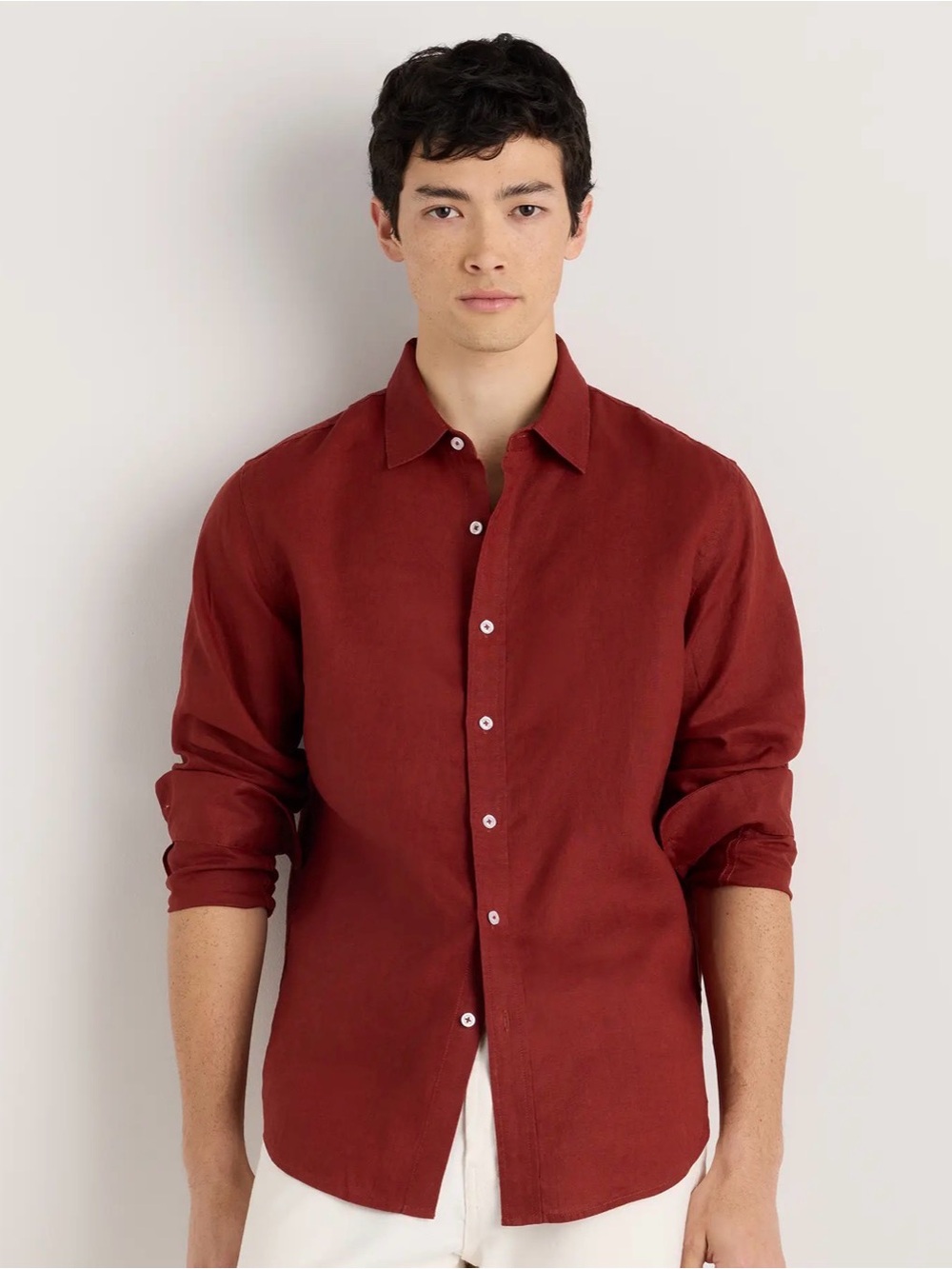 100% European Linen Relaxed Long Sleeve Shirt /Brick/Small